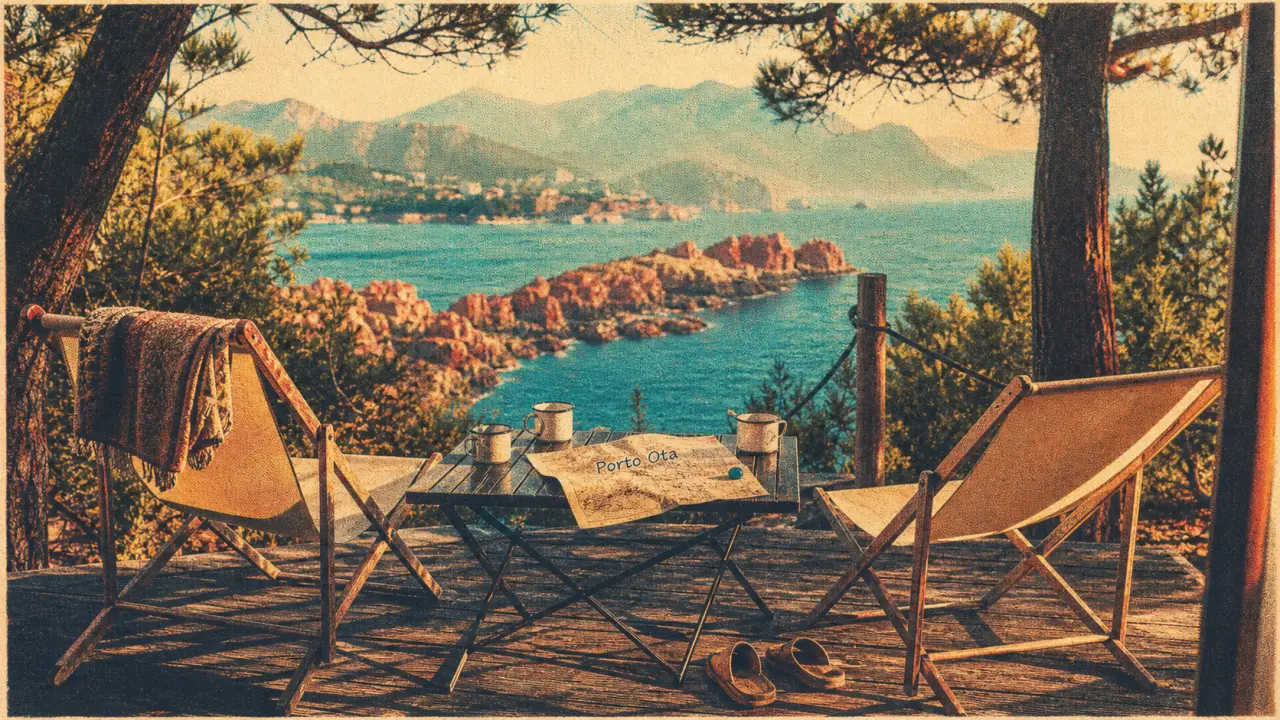 Camping Porto Ota Corse : terrasse, carte et vue sur la mer
