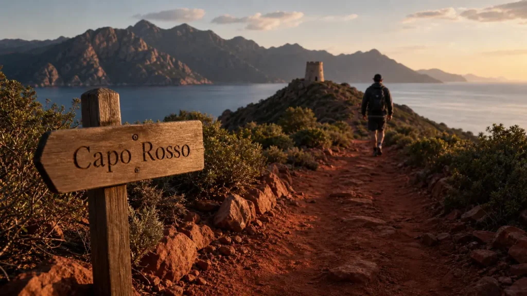 Capo Rosso Corse randonnée : sentier rouge au lever du jour vers le golfe de Porto