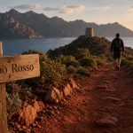 Capo Rosso Corse randonnée : sentier rouge au lever du jour vers le golfe de Porto