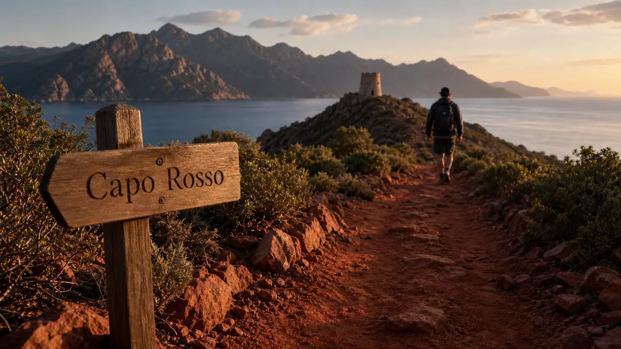 Capo Rosso Corse randonnée : sentier rouge au lever du jour vers le golfe de Porto