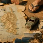 Corse humour vacances : collage rétro carte, touriste et plage secrète