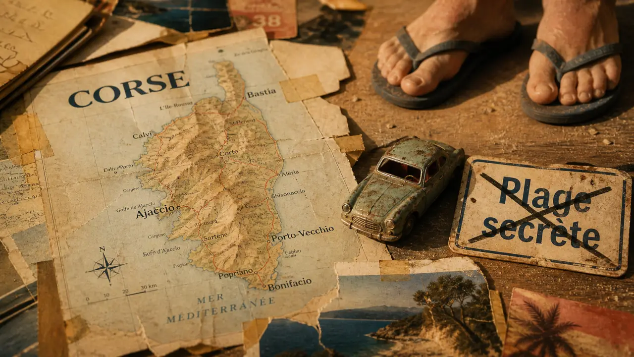 Corse humour vacances : collage rétro carte, touriste et plage secrète