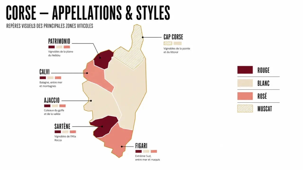 Vin corse : carte éditoriale des principales appellations et cépages de l’île