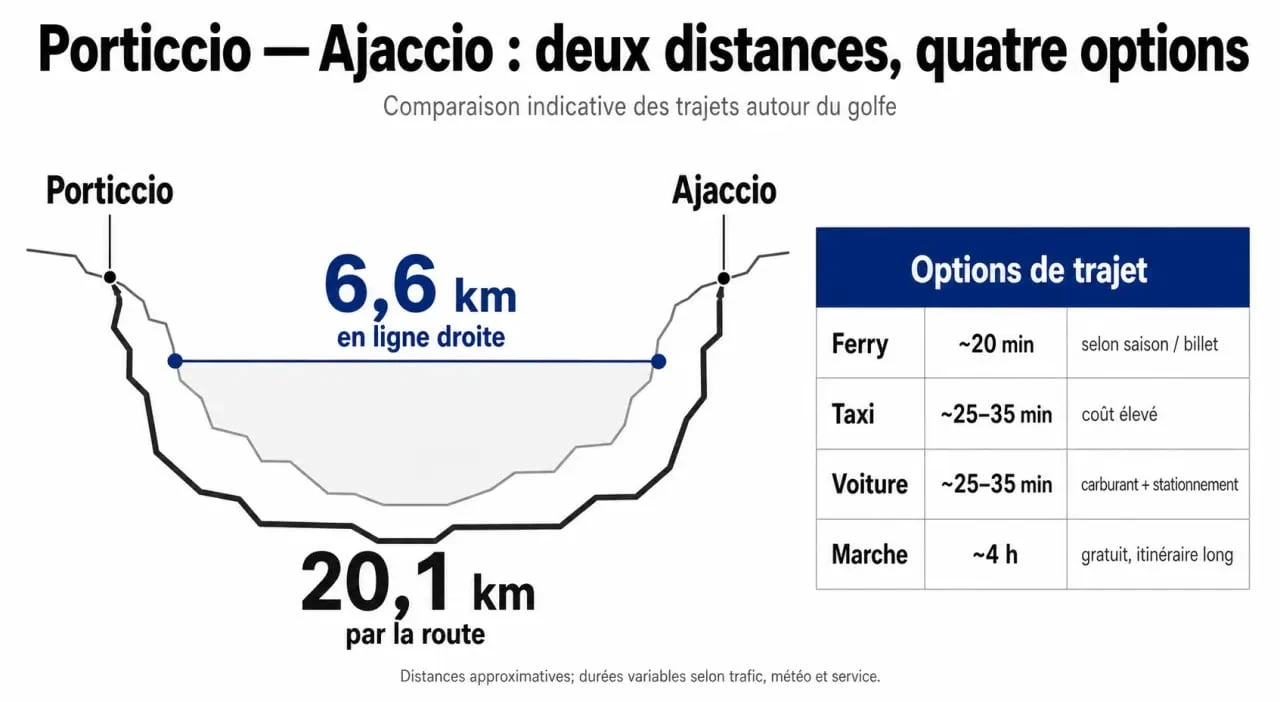 Infographie sur la porticcio ajaccio distance : route, vol d’oiseau, ferry et taxi