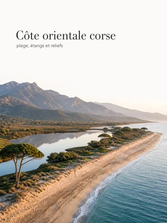 Vue panoramique de la côte orientale corse entre plage, étangs et arrière-pays montagneux