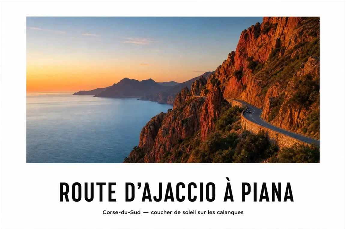 Corse du sud itinéraire : route côtière vers les calanques de Piana au coucher du soleil