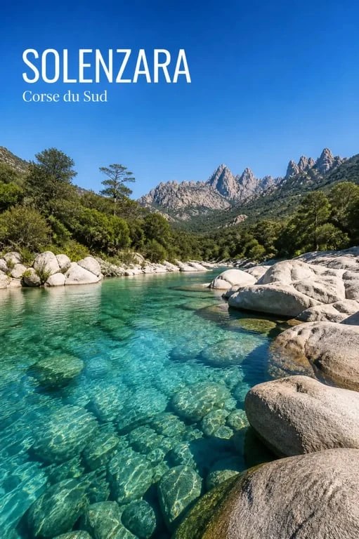 Piscines naturelles solenzara : vasque turquoise de la rivière Solenzara en Corse du Sud avec rochers et montagnes en arrière-plan