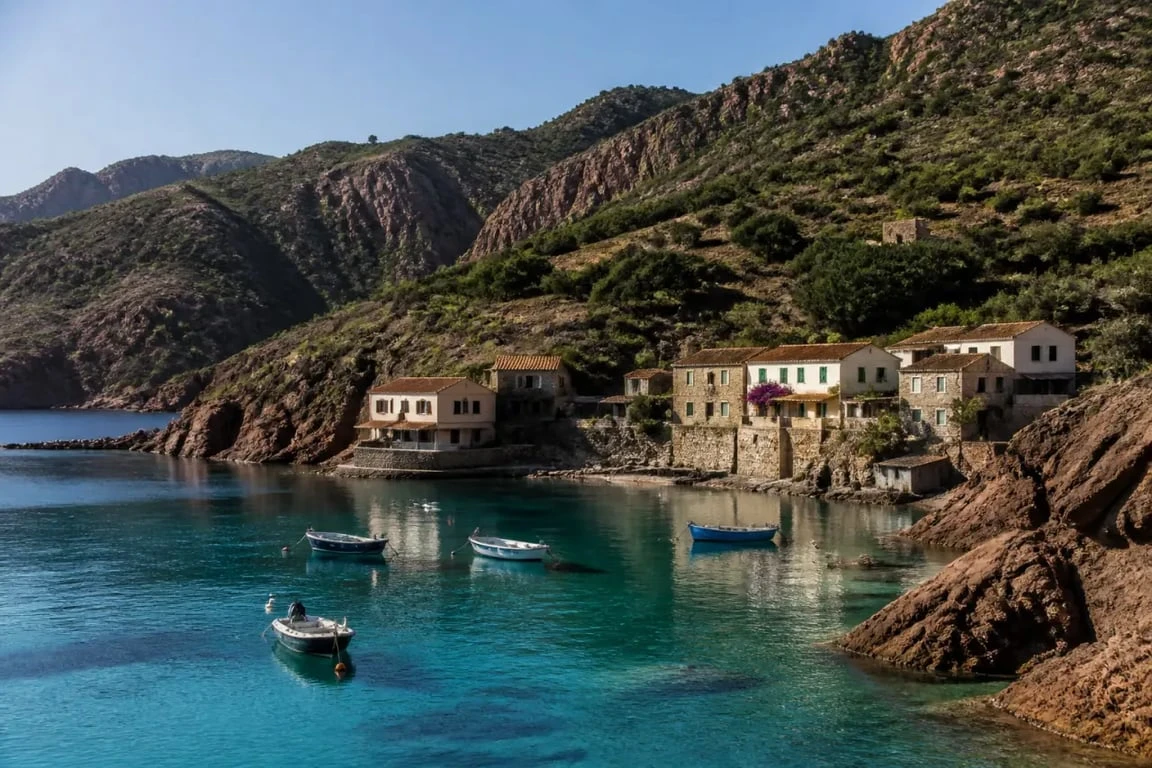 Randonnée du facteur corse vers Girolata, vue du village et du port au bord de l'eau