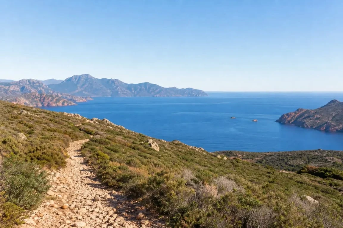 Randonnée du facteur corse sur le sentier en surplomb du golfe de Girolata, paysage rocheux et maquis corse