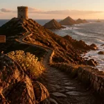 Iles sanguinaires, sentier côtier vers la tour génoise, mer et îlots au coucher du soleil