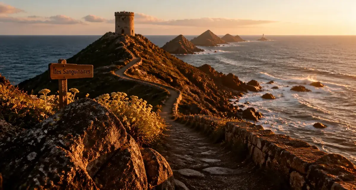 Iles sanguinaires, sentier côtier vers la tour génoise, mer et îlots au coucher du soleil