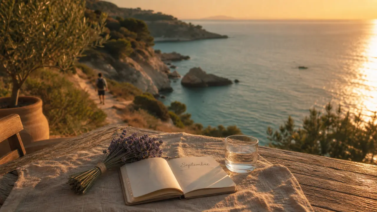 Où partir en septembre : serviette sur terrasse face à la mer Méditerranée, ambiance Golden hour