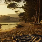 Plage de Calvi : pinède et citadelle en golden hour