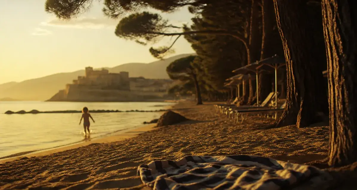 Plage de Calvi : pinède et citadelle en golden hour