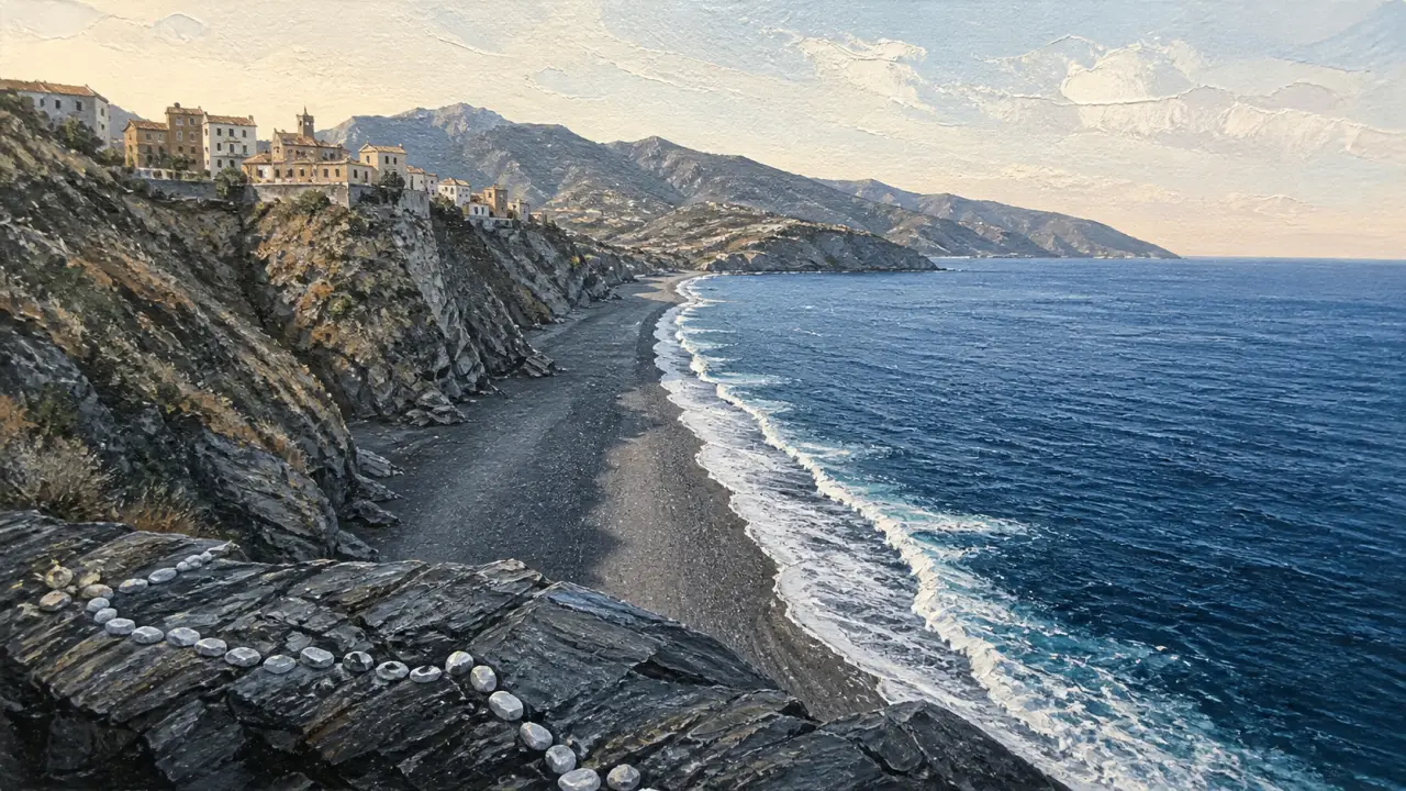Plage de Nonza : galets noirs et mer bleue