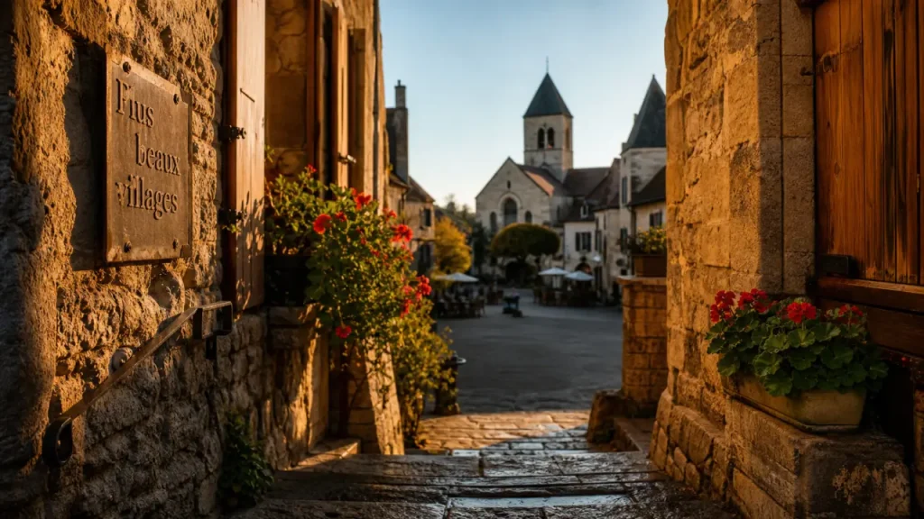 Plus beau village de France : ruelle pavée et église au coucher de soleil