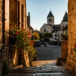 Plus beau village de France : ruelle pavée et église au coucher de soleil