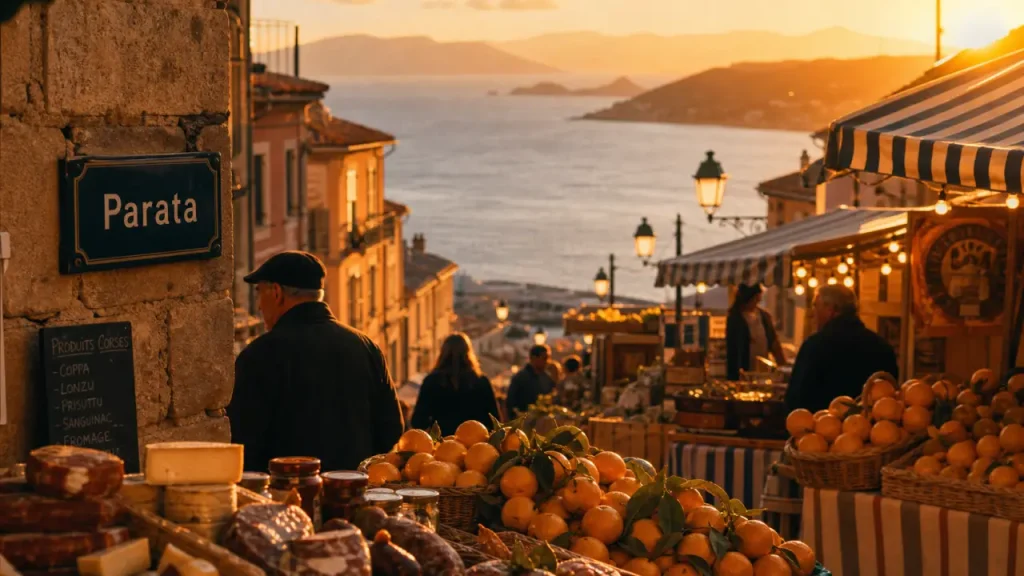 Que faire à Ajaccio : marché de la vieille ville et ruelles vers la mer, coucher du soleil