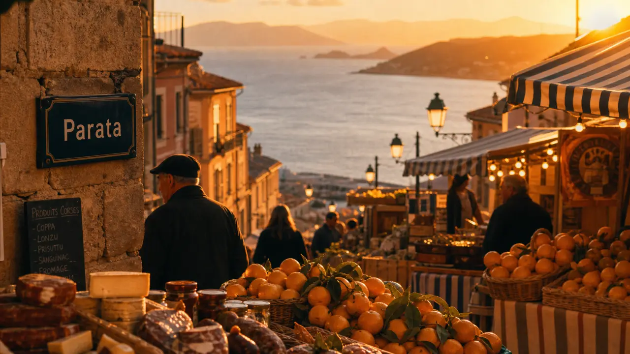 Que faire à Ajaccio : marché de la vieille ville et ruelles vers la mer, coucher du soleil