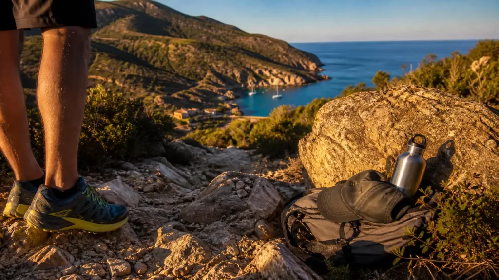 Randonnée du facteur corse : sentier vers Girolata, mer turquoise et maquis à la golden hour