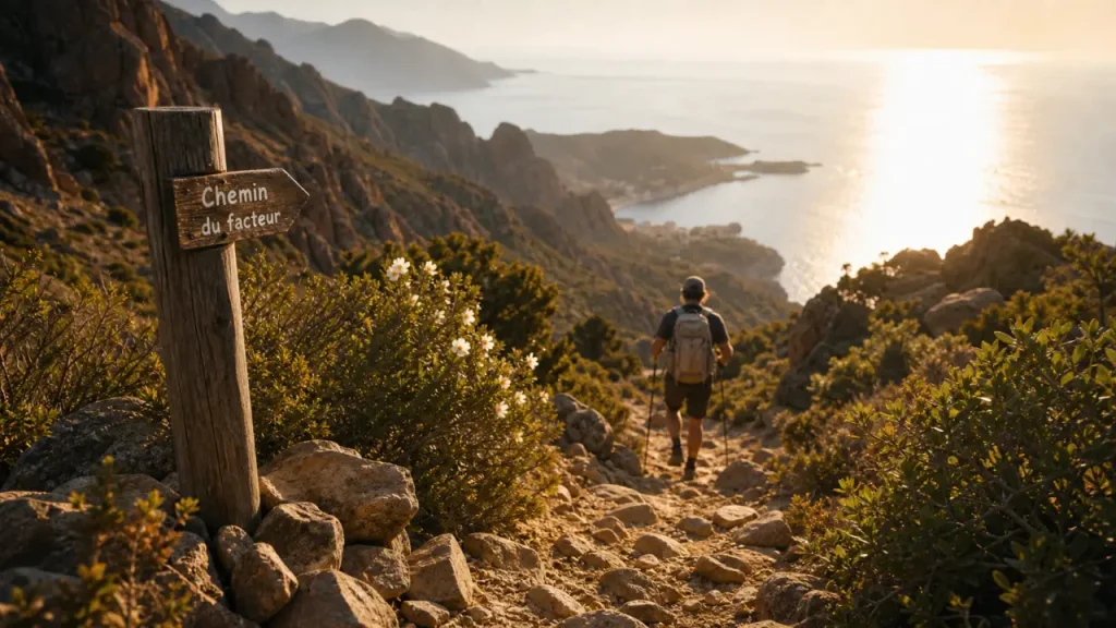 Randonnée du facteur corse : sentier vers Girolata, vue mer et maquis à la golden hour
