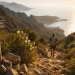 Randonnée du facteur corse : sentier vers Girolata, vue mer et maquis à la golden hour