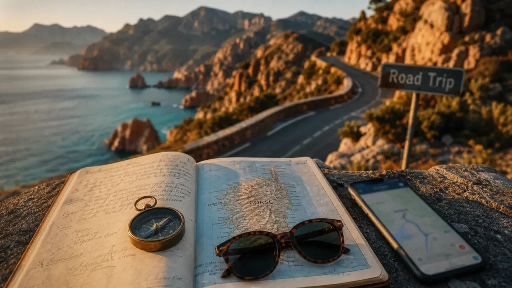 Road trip Corse : carte et route sinueuse au bord de la mer turquoise