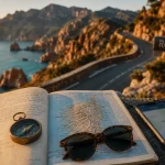 Road trip Corse : carte et route sinueuse au bord de la mer turquoise