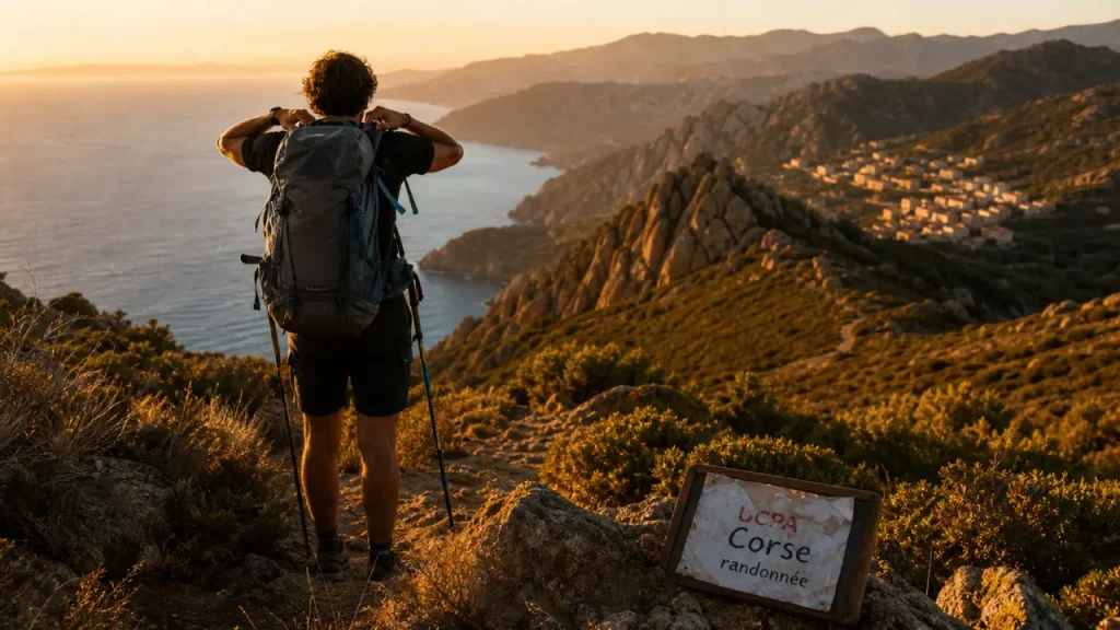 ucpa corse randonnée : randonneur sur crête au golden hour