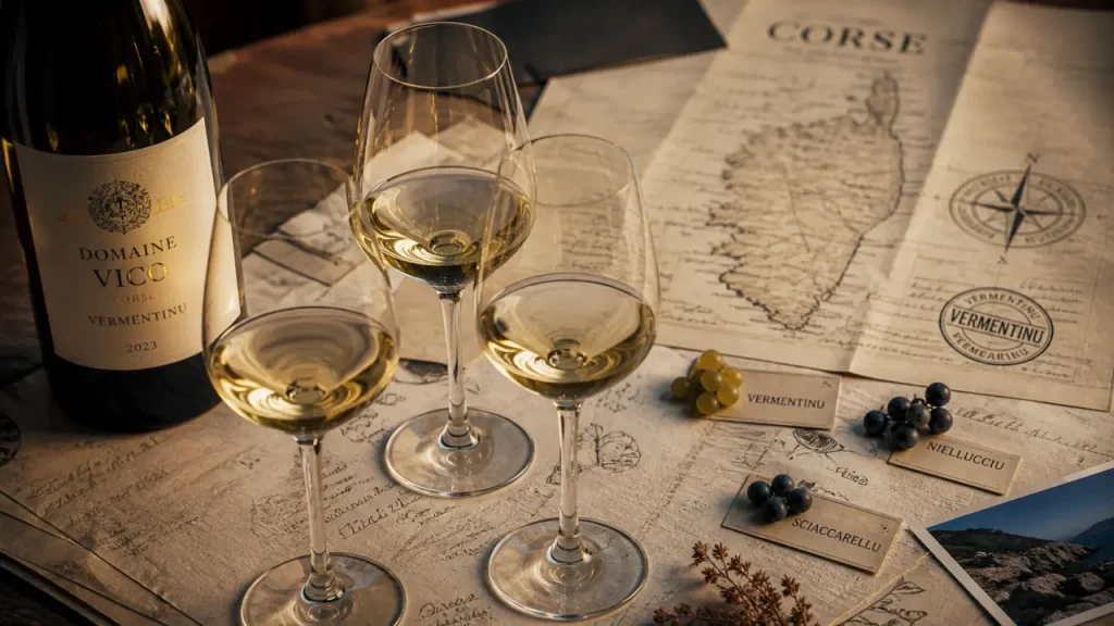 Vin corse Niellucciu et Vermentinu sur carte et table