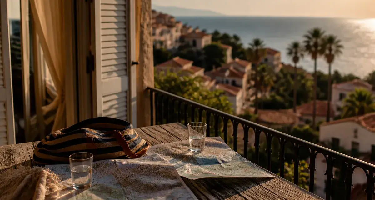 Appartement vacances Corse avec vue mer et village, balcon en fin d’après-midi