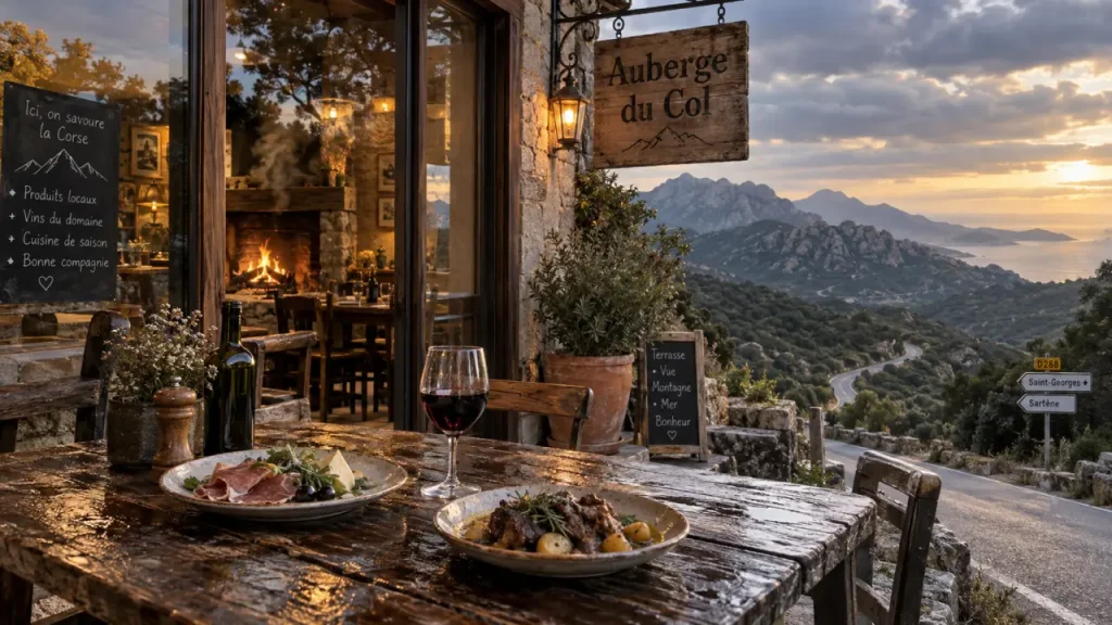 Auberge col saint georges, terrasse bois et cheminée, vue montagne et littoral