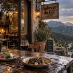 Auberge col saint georges, terrasse bois et cheminée, vue montagne et littoral