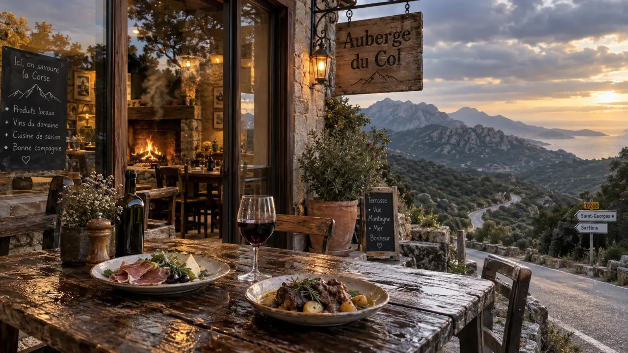 Auberge col saint georges, terrasse bois et cheminée, vue montagne et littoral