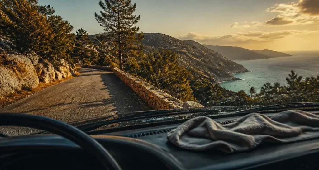 Bonne vacances en corse : route de montagne vers crique turquoise