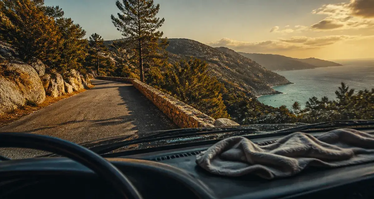 Bonne vacances en corse : route de montagne vers crique turquoise