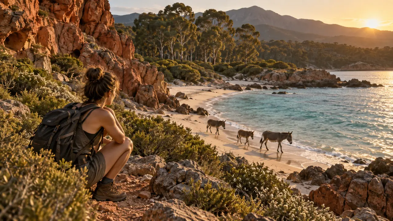 Cala di Fica, sentier vers crique sauvage corse, marcheuse et crique cristalline