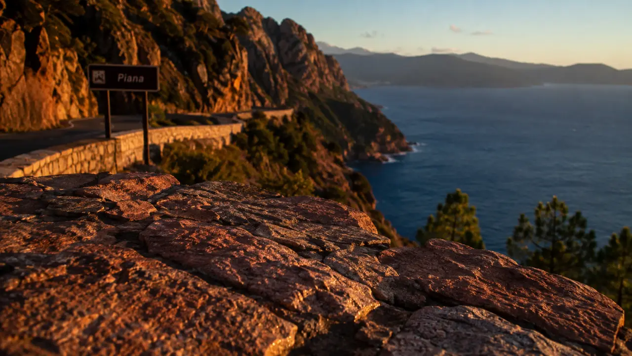 Calanques de Piana : route en corniche au coucher du soleil