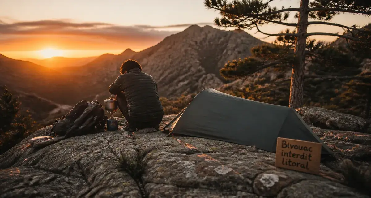 Camping sauvage corse : bivouac discret en montagne, pancarte “bivouac interdit”
