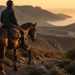Cheval en corse randonnée : cavalier sur sentier au maquis, coucher du soleil