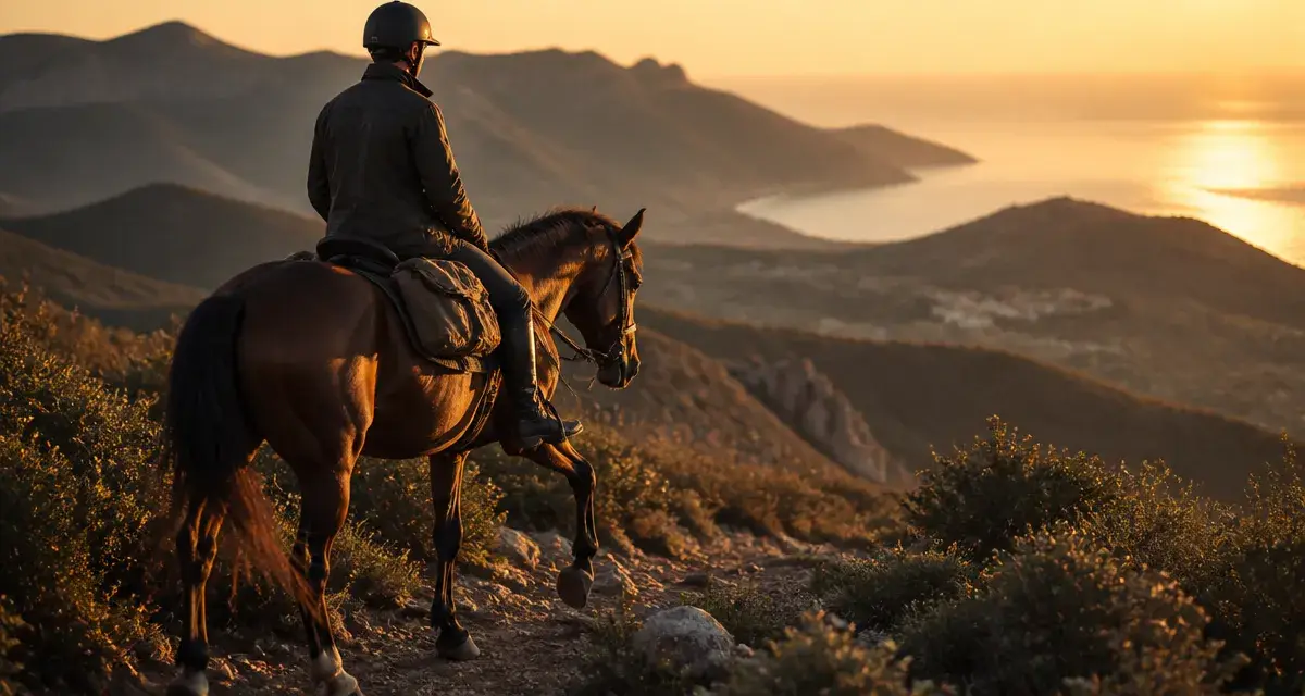 Cheval en corse randonnée : cavalier sur sentier au maquis, coucher du soleil