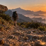 Circuit randonnée corse : sentier en pierres sèches, maquis et randonneur