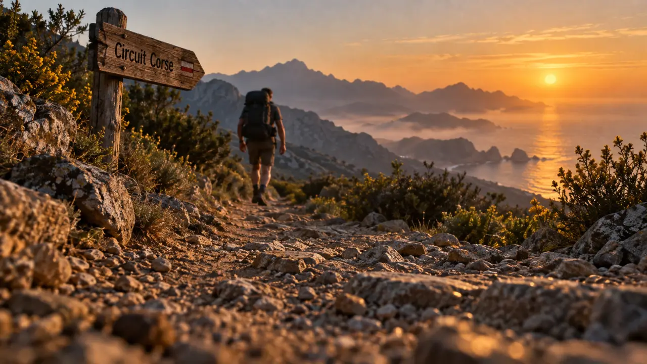 Circuit randonnée corse : sentier en pierres sèches, maquis et randonneur