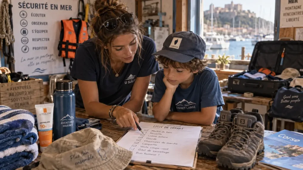 Colonie de vacances corse : animatrice et enfant vérifient la liste avant le départ