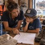 Colonie de vacances corse : animatrice et enfant vérifient la liste avant le départ