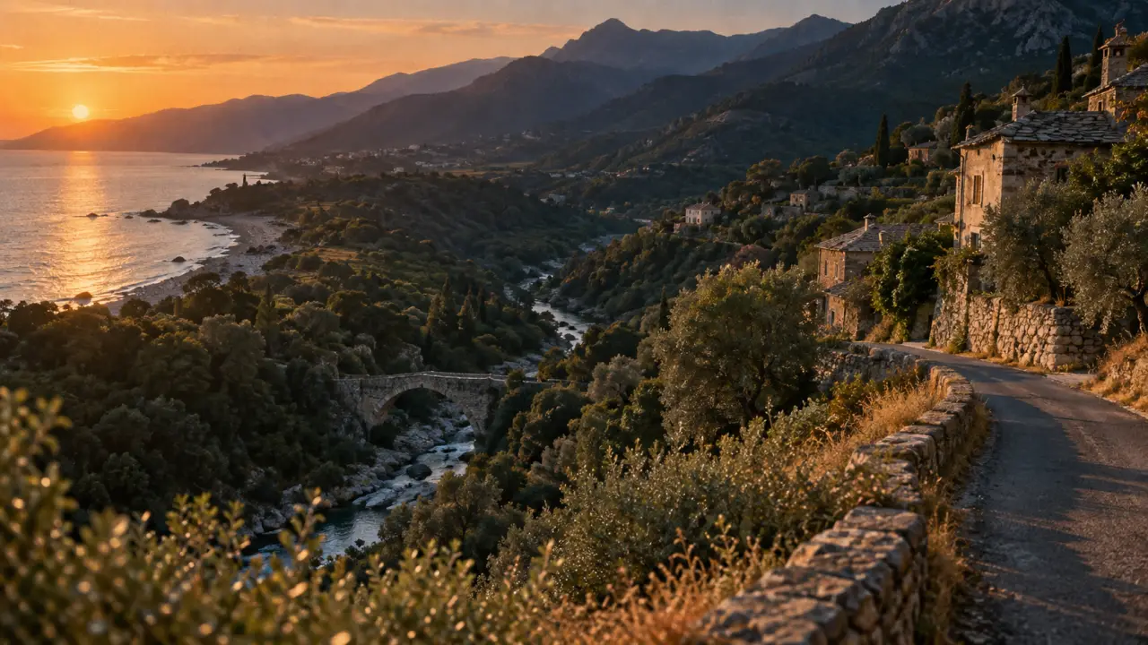 Vue vallée Bravone en Corse, route vers le littoral à l’heure dorée