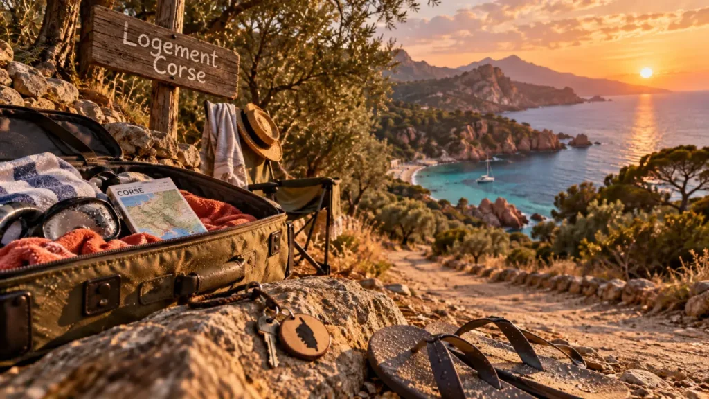 Corse logement vacances : valise près de la mer turquoise et falaises