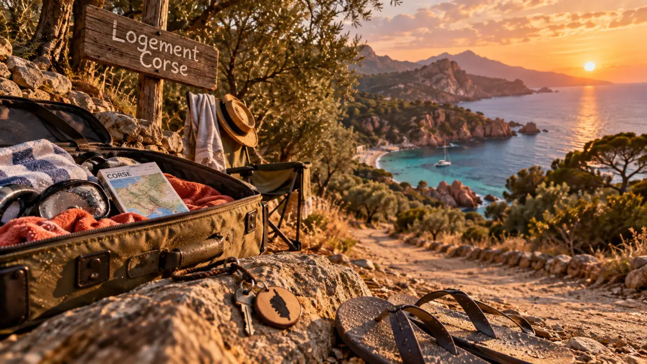 Corse logement vacances : valise près de la mer turquoise et falaises