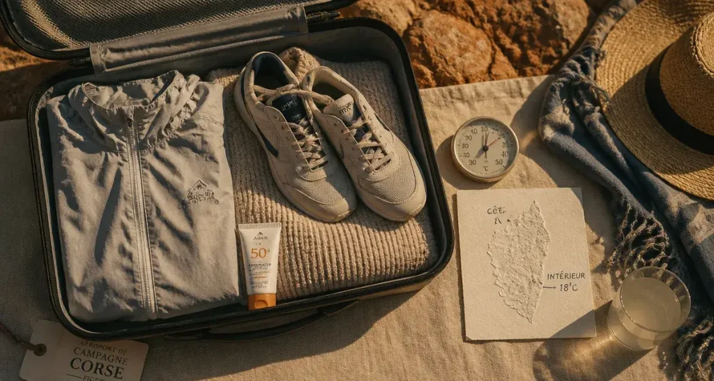 Corse octobre température : valise et carte météo, 22°C côte, 18°C intérieur