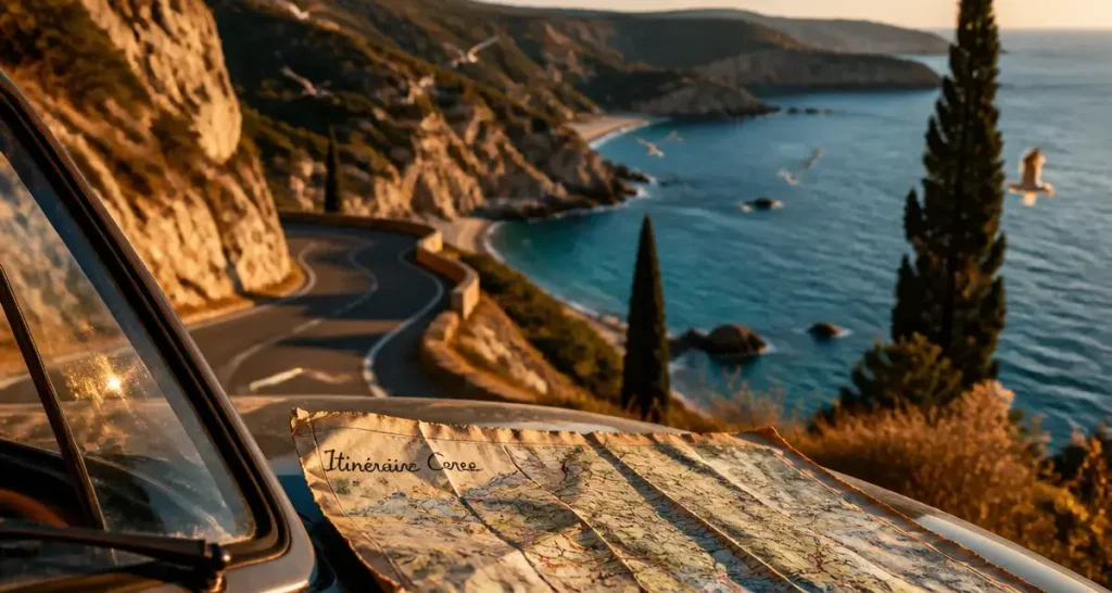 Corse ou aller en vacances : carte itinéraire sur route côtière et crique turquoise
